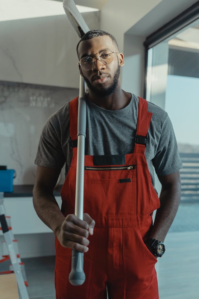 The Art of Drawing Readers In: Your attractive post title goes here Confident male cleaner posing with cleaning tool in modern interior, showcasing professionalism.